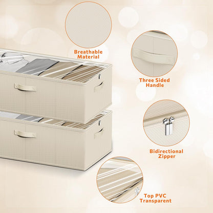 10inch 3 Pack Under Bed Storage Containers, 10 Inch Tall Underbed Clothes Storage Organizer Bin with Clear Window，Foldable Box Basket for Clothes, Closet, Bed Sheets and Blankets Beige