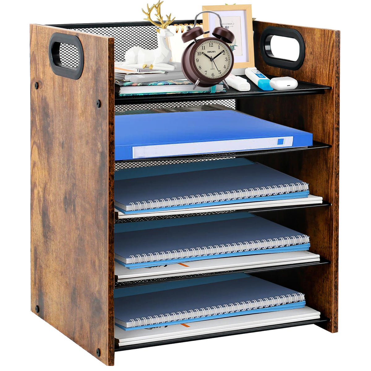 Wood Desk Organizer - 3-Tier Desktop File Organizer with Drawer, Wooden Paper Tray, Office Desk Organzier and Accessories for Papers, Mail, Notebooks, Stationery