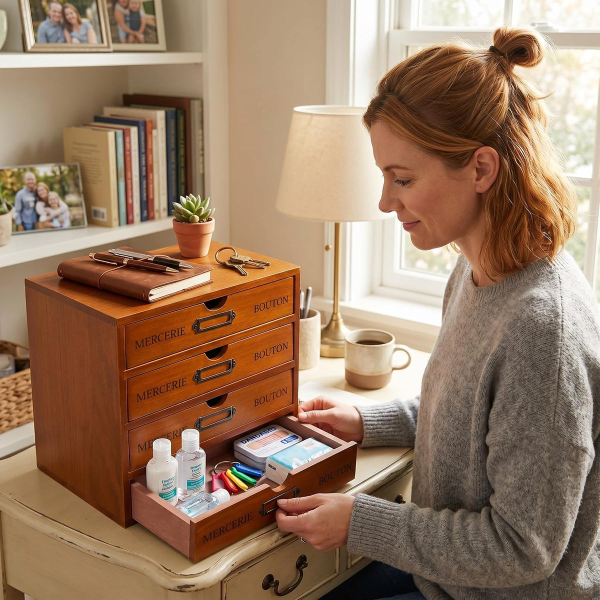 Wesiti Wooden Desk Organizer, 4 Drawers, Vintage Makeup Cabinet, Brown