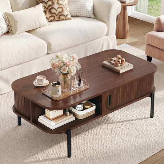 Coffee Table, Fluted Coffee Tables for Living Room, Mid Century Modern Coffee Tables with Storage Open Shelf, Walnut Coffee Table with Sliding Cabinet Door, 2-Tier Rustic Wood Desktop